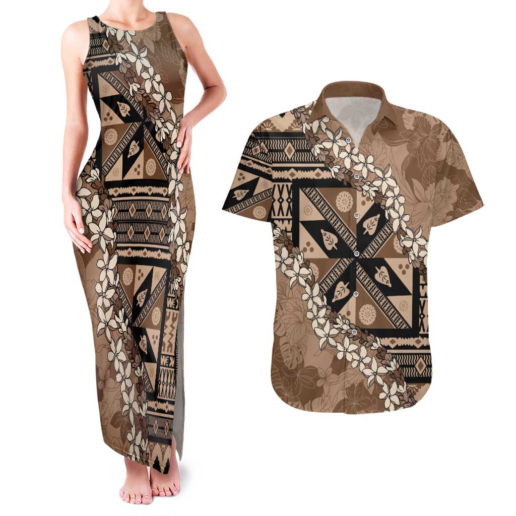 Bula Fiji Plumeria Tagimoucia Salusalu Mocha Couples Matching Tank Maxi Dress and Hawaiian Shirt Kaiviti Masi - Polynesian Pride