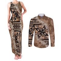 Bula Fiji Plumeria Tagimoucia Salusalu Mocha Couples Matching Tank Maxi Dress and Long Sleeve Button Shirt Kaiviti Masi LT7 Mocha - Polynesian Pride