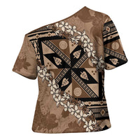 Bula Fiji Plumeria Tagimoucia Salusalu Mocha Cross Shoulder Shirt Kaiviti Masi LT7 - Polynesian Pride