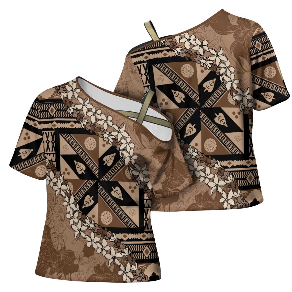 Bula Fiji Plumeria Tagimoucia Salusalu Mocha Cross Shoulder Shirt Kaiviti Masi LT7 - Polynesian Pride