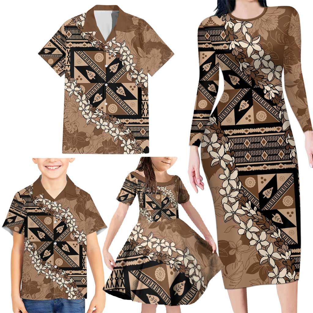 Bula Fiji Plumeria Tagimoucia Salusalu Mocha Family Matching Long Sleeve Bodycon Dress and Hawaiian Shirt Kaiviti Masi LT7 - Polynesian Pride