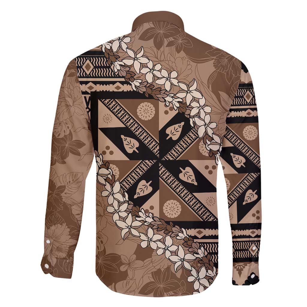 Bula Fiji Plumeria Tagimoucia Salusalu Mocha Family Matching Long Sleeve Bodycon Dress and Hawaiian Shirt Kaiviti Masi LT7 - Polynesian Pride