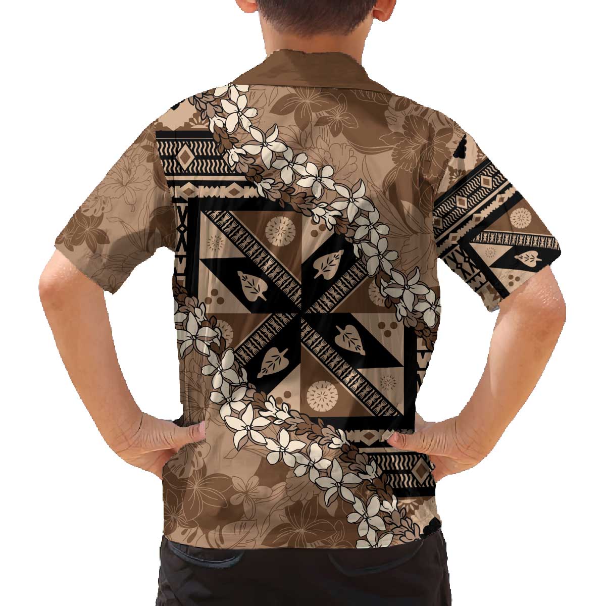 Bula Fiji Plumeria Tagimoucia Salusalu Mocha Family Matching Off The Shoulder Long Sleeve Dress and Hawaiian Shirt Kaiviti Masi LT7 - Polynesian Pride