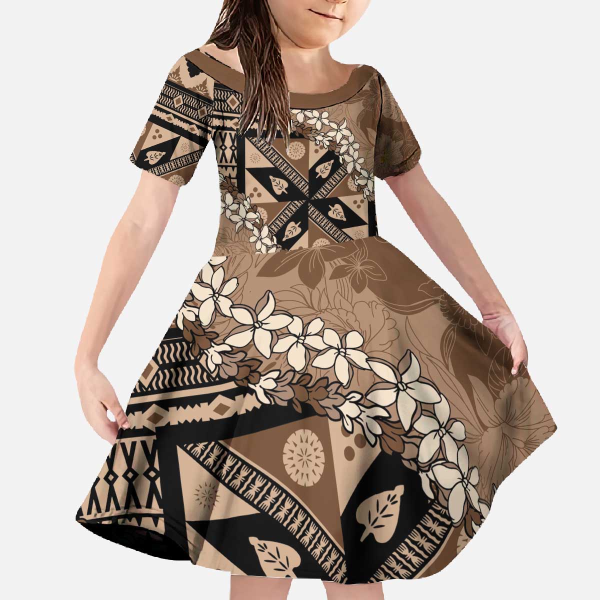 Bula Fiji Plumeria Tagimoucia Salusalu Mocha Family Matching Off The Shoulder Long Sleeve Dress and Hawaiian Shirt Kaiviti Masi LT7 Daughter's Dress Mocha - Polynesian Pride