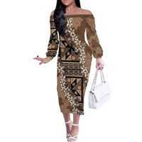 Bula Fiji Plumeria Tagimoucia Salusalu Mocha Family Matching Off The Shoulder Long Sleeve Dress and Hawaiian Shirt Kaiviti Masi LT7 Mom's Dress Mocha - Polynesian Pride