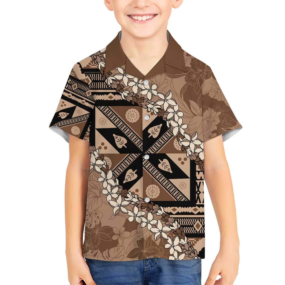 Bula Fiji Plumeria Tagimoucia Salusalu Mocha Family Matching Off The Shoulder Long Sleeve Dress and Hawaiian Shirt Kaiviti Masi LT7 Son's Shirt Mocha - Polynesian Pride