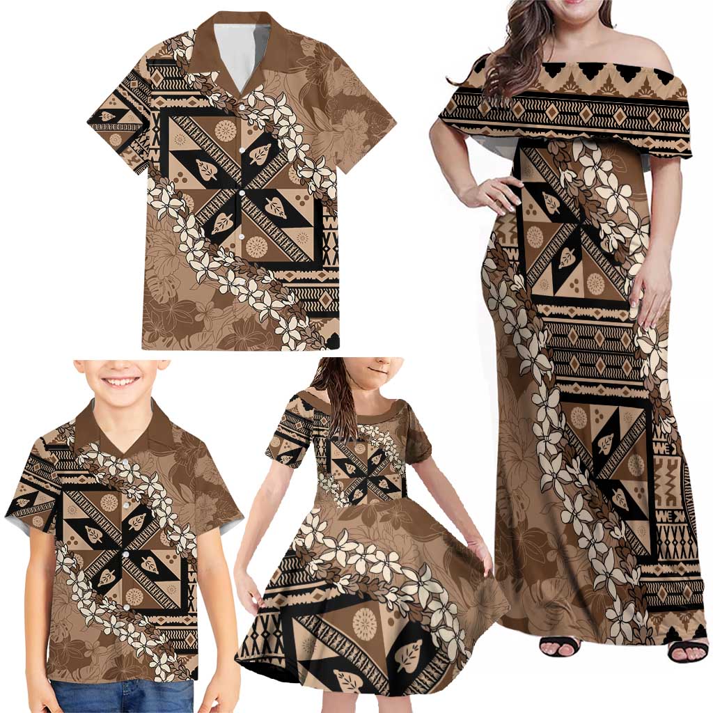 Bula Fiji Plumeria Tagimoucia Salusalu Mocha Family Matching Off Shoulder Maxi Dress and Hawaiian Shirt Kaiviti Masi LT7 - Polynesian Pride