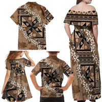 Bula Fiji Plumeria Tagimoucia Salusalu Mocha Family Matching Off Shoulder Maxi Dress and Hawaiian Shirt Kaiviti Masi LT7 - Polynesian Pride