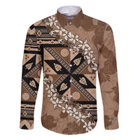 Bula Fiji Plumeria Tagimoucia Salusalu Mocha Family Matching Off Shoulder Maxi Dress and Hawaiian Shirt Kaiviti Masi LT7 Dad's Shirt - Long Sleeve Mocha - Polynesian Pride