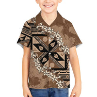 Bula Fiji Plumeria Tagimoucia Salusalu Mocha Family Matching Off Shoulder Maxi Dress and Hawaiian Shirt Kaiviti Masi LT7 Son's Shirt Mocha - Polynesian Pride