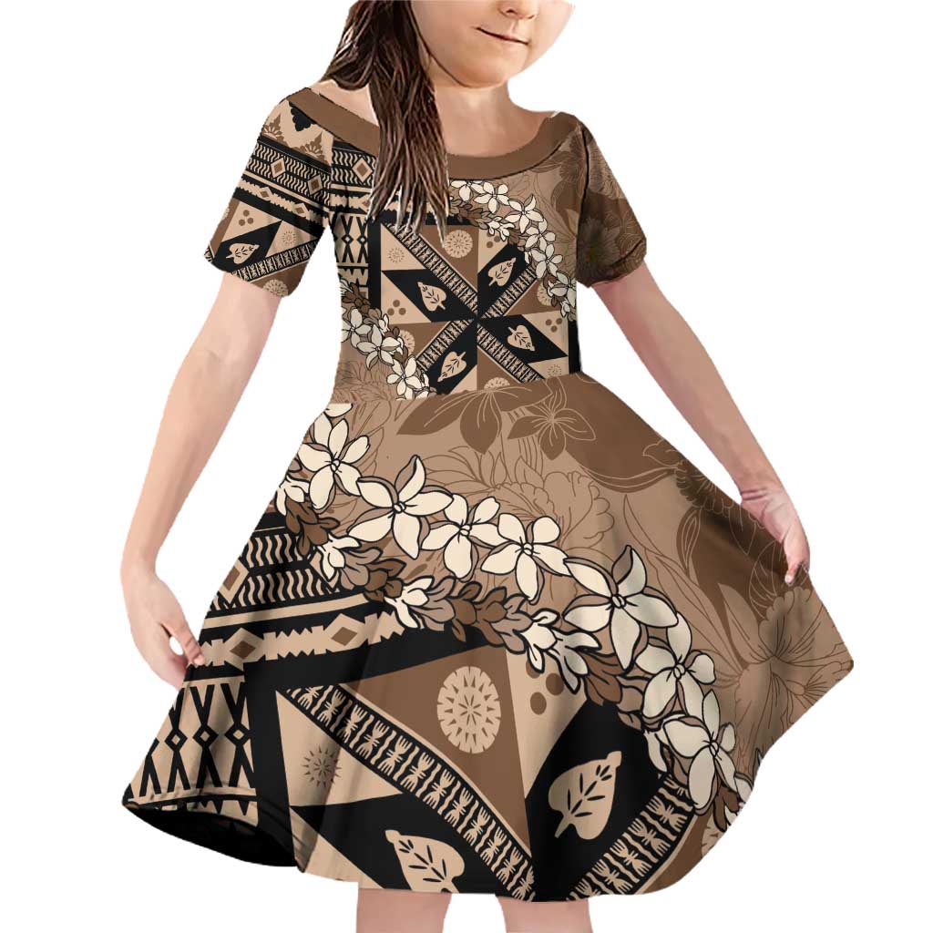 Bula Fiji Plumeria Tagimoucia Salusalu Mocha Family Matching Off Shoulder Short Dress and Hawaiian Shirt Kaiviti Masi LT7 Daughter's Dress Mocha - Polynesian Pride