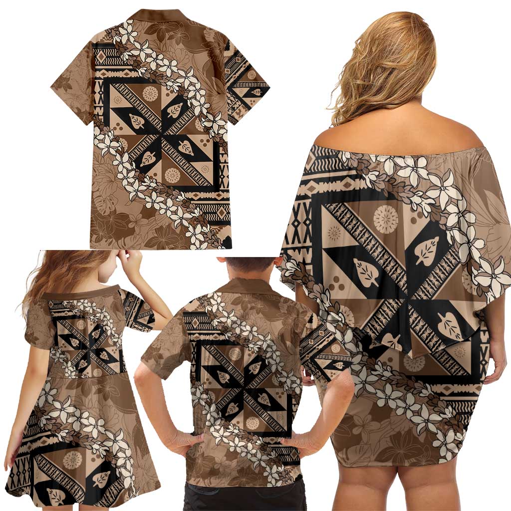 Bula Fiji Plumeria Tagimoucia Salusalu Mocha Family Matching Off Shoulder Short Dress and Hawaiian Shirt Kaiviti Masi LT7 - Polynesian Pride