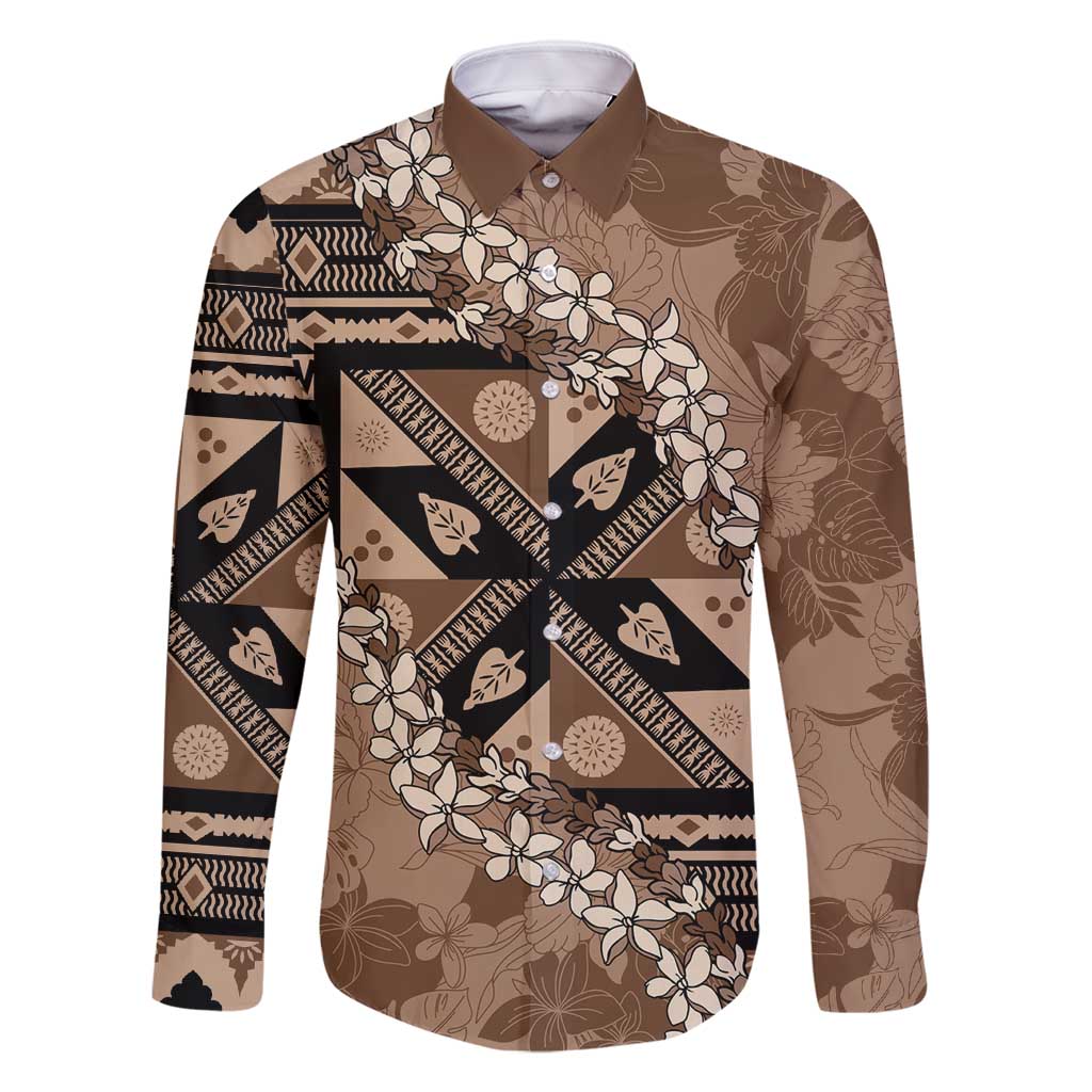 Bula Fiji Plumeria Tagimoucia Salusalu Mocha Family Matching Off Shoulder Short Dress and Hawaiian Shirt Kaiviti Masi LT7 Dad's Shirt - Long Sleeve Mocha - Polynesian Pride
