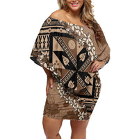 Bula Fiji Plumeria Tagimoucia Salusalu Mocha Family Matching Off Shoulder Short Dress and Hawaiian Shirt Kaiviti Masi LT7 Mom's Dress Mocha - Polynesian Pride
