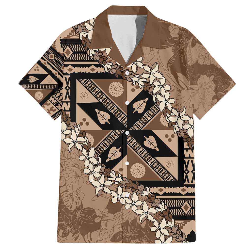 Bula Fiji Plumeria Tagimoucia Salusalu Mocha Family Matching Summer Maxi Dress and Hawaiian Shirt Kaiviti Masi LT7 Dad's Shirt - Short Sleeve Mocha - Polynesian Pride