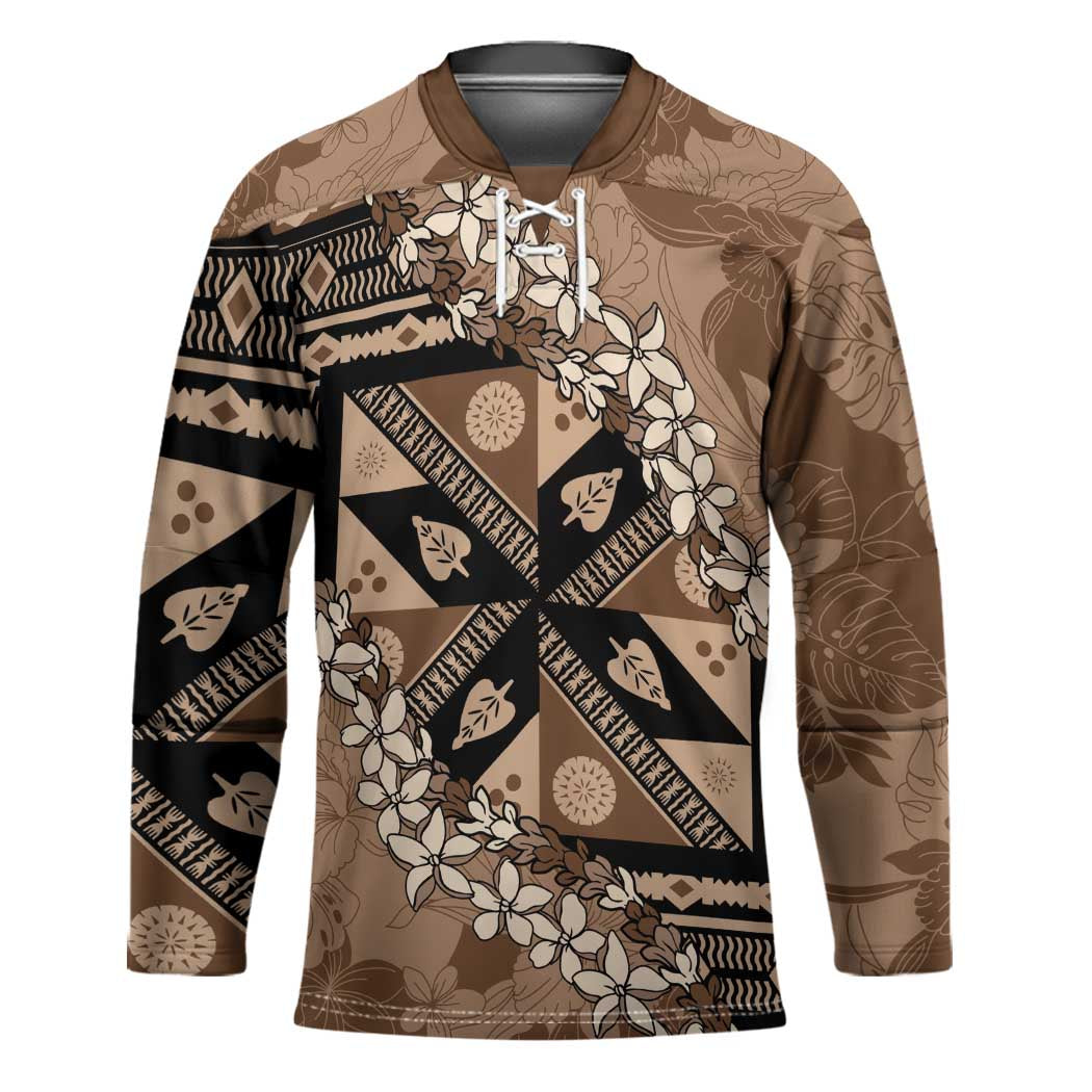 Bula Fiji Plumeria Tagimoucia Salusalu Mocha Hockey Jersey Kaiviti Masi LT7 Unisex Mocha - Polynesian Pride