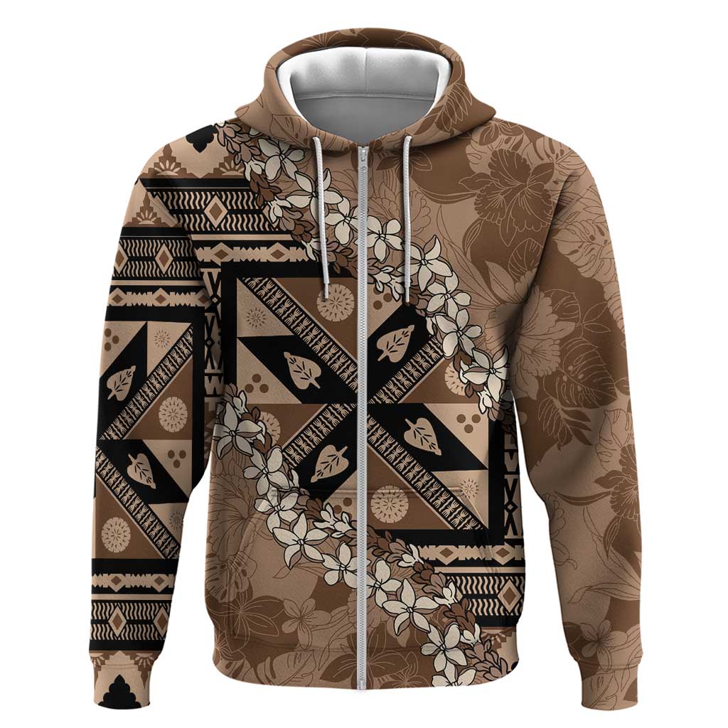Bula Fiji Plumeria Tagimoucia Salusalu Mocha Hoodie Kaiviti Masi LT7 Zip Hoodie Mocha - Polynesian Pride