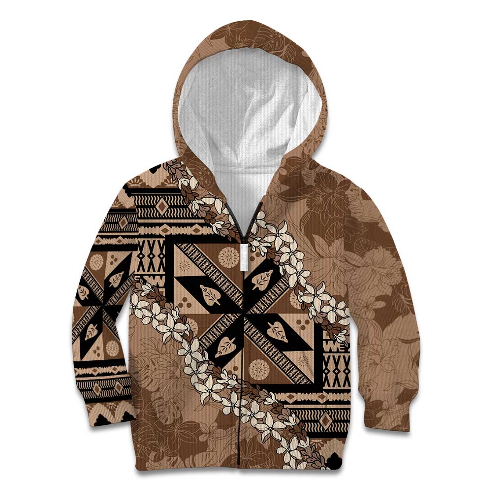 Bula Fiji Plumeria Tagimoucia Salusalu Mocha Kid Hoodie Kaiviti Masi LT7 Zip Hoodie Mocha - Polynesian Pride