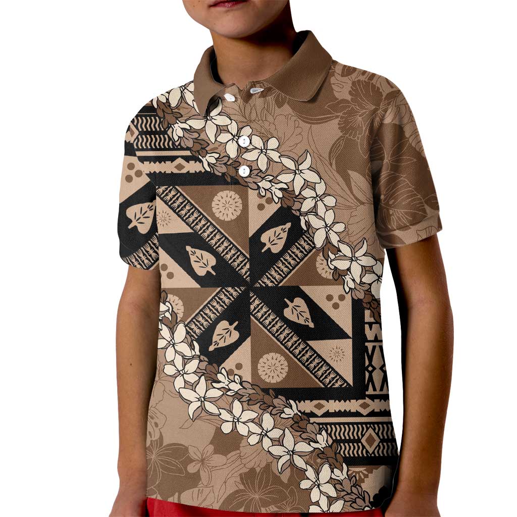Bula Fiji Plumeria Tagimoucia Salusalu Mocha Kid Polo Shirt Kaiviti Masi LT7 Kid Mocha - Polynesian Pride