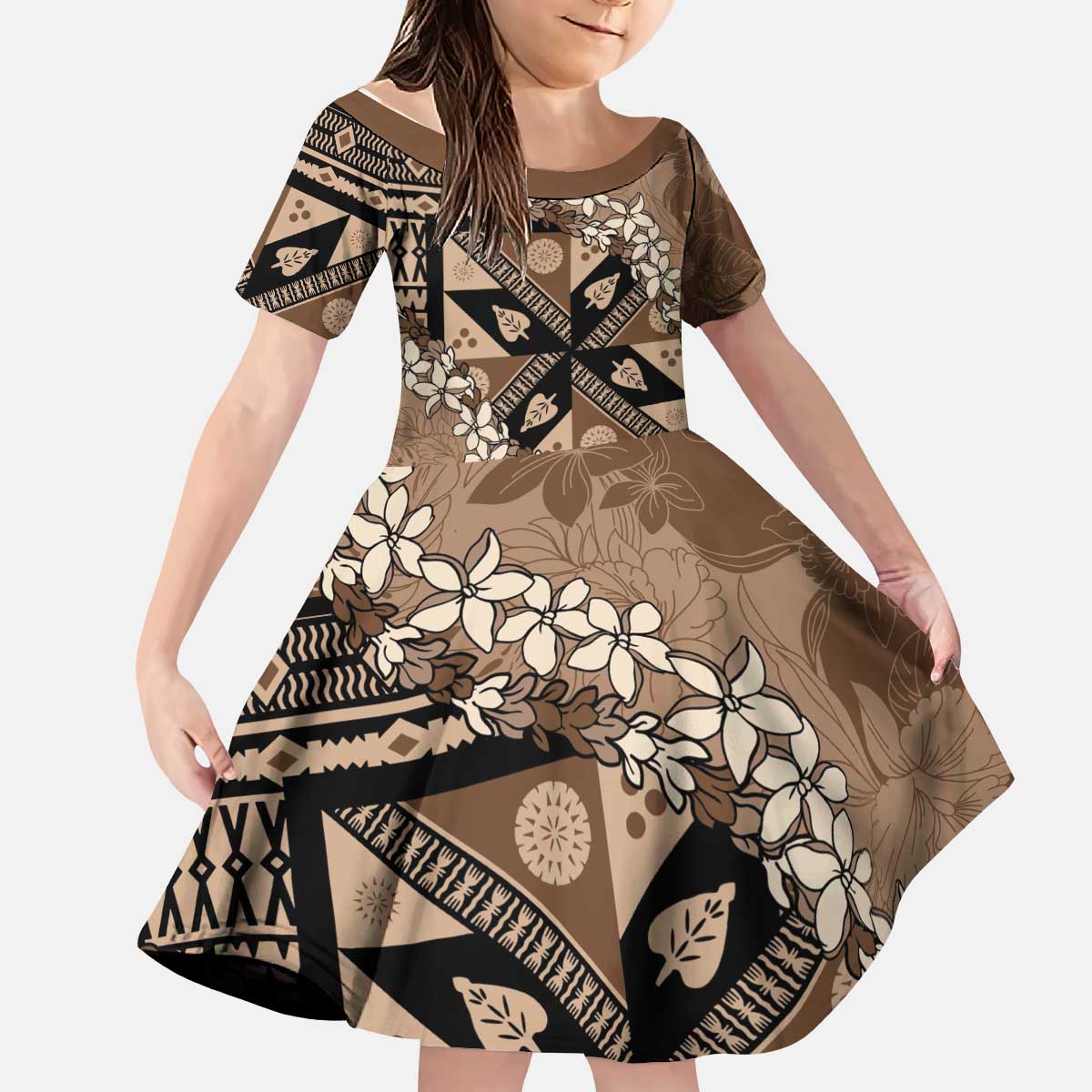 Bula Fiji Plumeria Tagimoucia Salusalu Mocha Kid Short Sleeve Dress Kaiviti Masi LT7 KID Mocha - Polynesian Pride