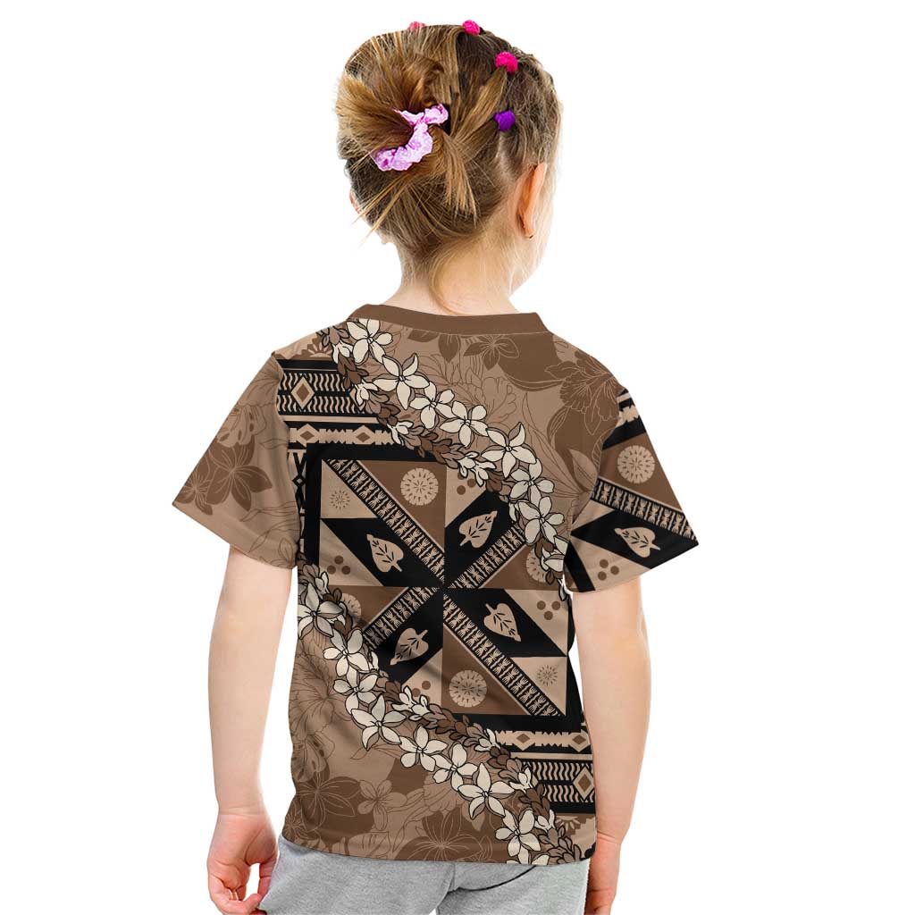 Bula Fiji Plumeria Tagimoucia Salusalu Mocha Kid T Shirt Kaiviti Masi - Polynesian Pride