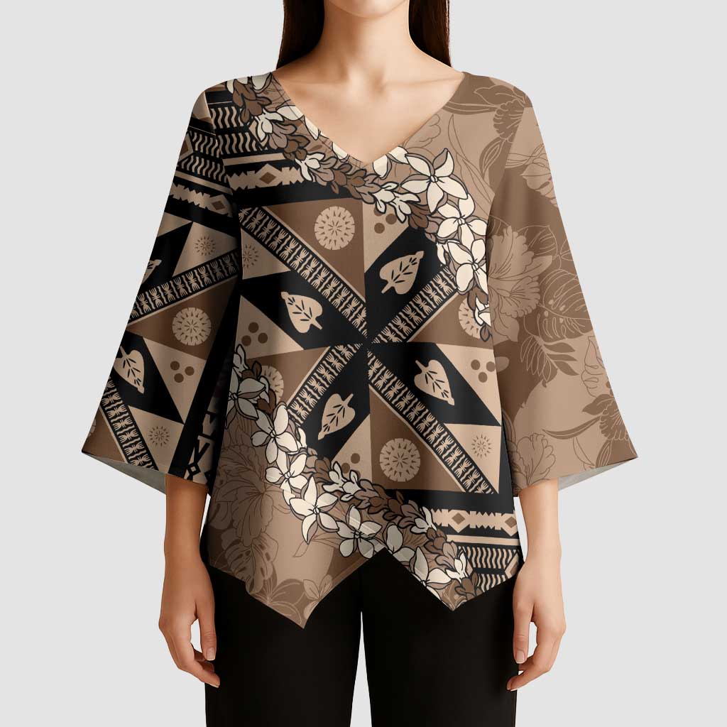 Bula Fiji Plumeria Tagimoucia Salusalu Mocha Kimono Sleeve Blouse Kaiviti Masi - Polynesian Pride