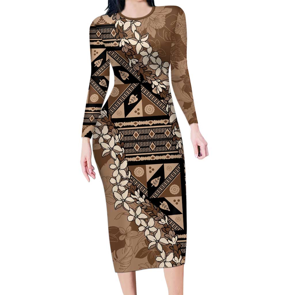 Bula Fiji Plumeria Tagimoucia Salusalu Mocha Long Sleeve Bodycon Dress Kaiviti Masi LT7 Long Dress Mocha - Polynesian Pride