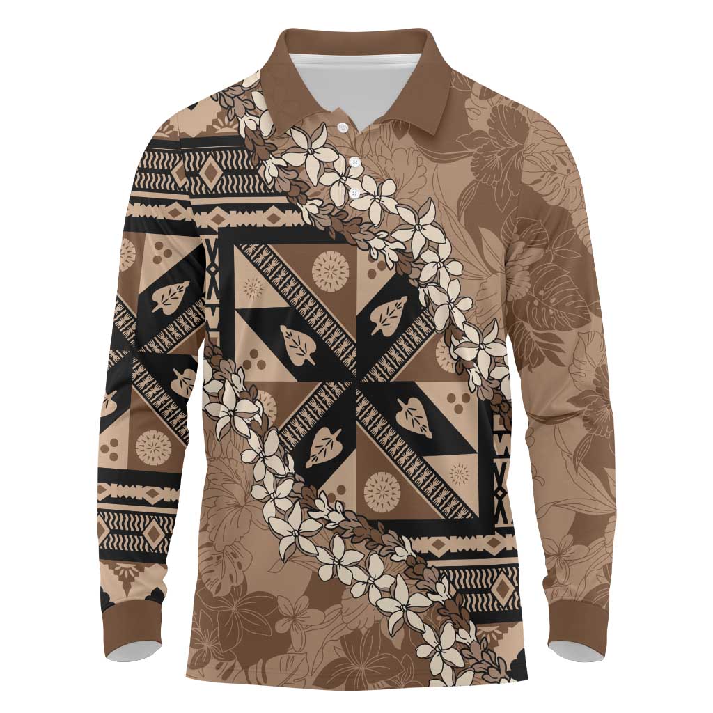 Bula Fiji Plumeria Tagimoucia Salusalu Mocha Long Sleeve Polo Shirt Kaiviti Masi - Polynesian Pride