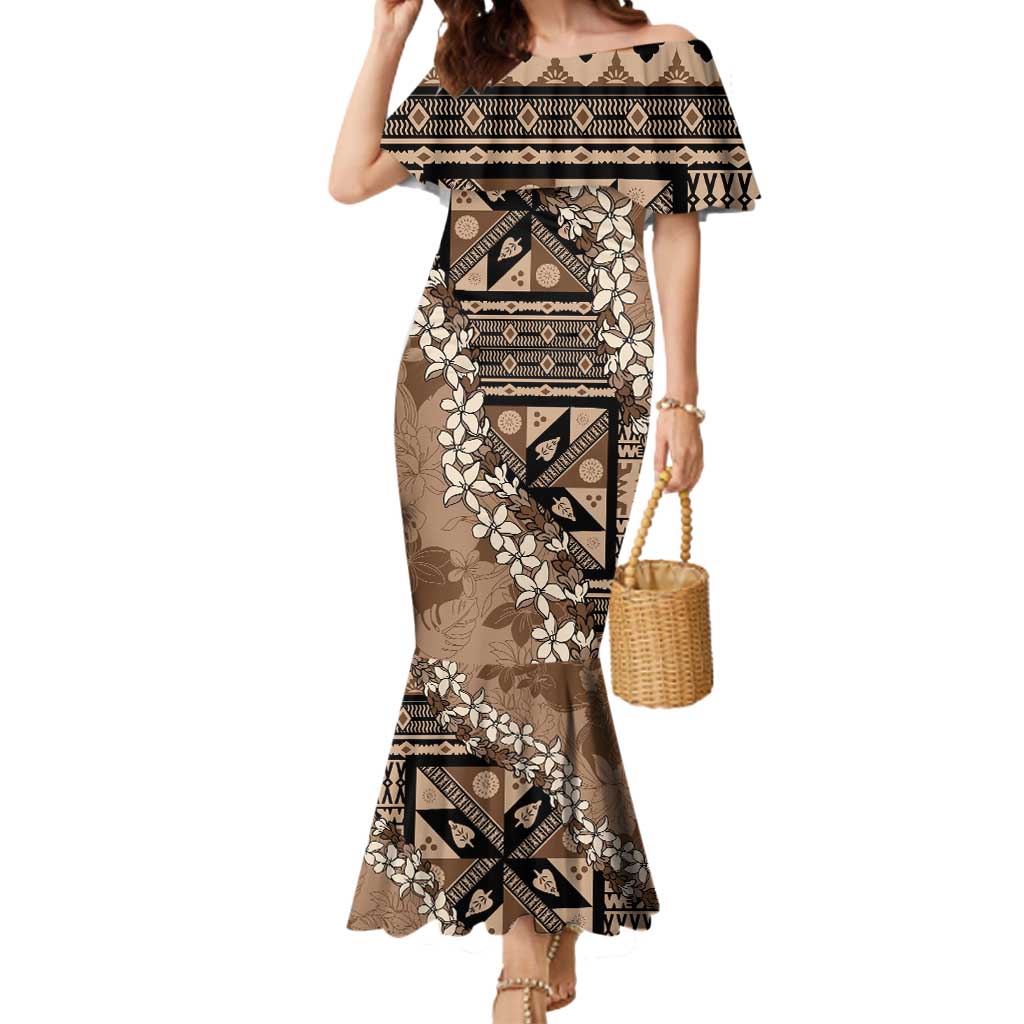 Bula Fiji Plumeria Tagimoucia Salusalu Mocha Mermaid Dress Kaiviti Masi LT7 Women Mocha - Polynesian Pride