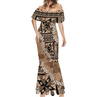 Bula Fiji Plumeria Tagimoucia Salusalu Mocha Mermaid Dress Kaiviti Masi LT7 - Polynesian Pride