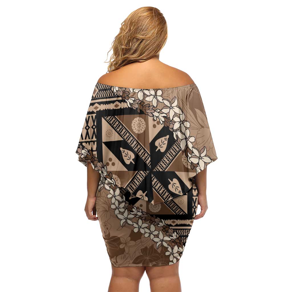 Bula Fiji Plumeria Tagimoucia Salusalu Mocha Off Shoulder Short Dress Kaiviti Masi LT7 - Polynesian Pride