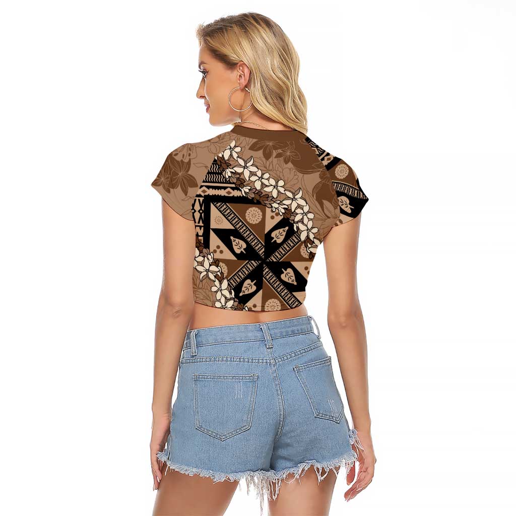 Bula Fiji Plumeria Tagimoucia Salusalu Mocha Raglan Cropped T Shirt Kaiviti Masi LT7 - Polynesian Pride
