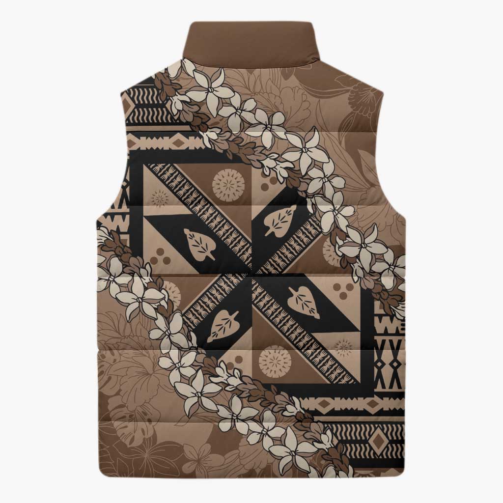 Bula Fiji Plumeria Tagimoucia Salusalu Mocha Sleeveless Puffer Jacket Kaiviti Masi - Polynesian Pride