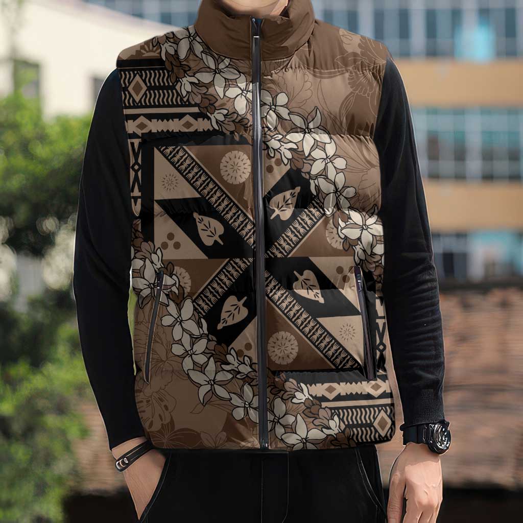 Bula Fiji Plumeria Tagimoucia Salusalu Mocha Sleeveless Puffer Jacket Kaiviti Masi - Polynesian Pride