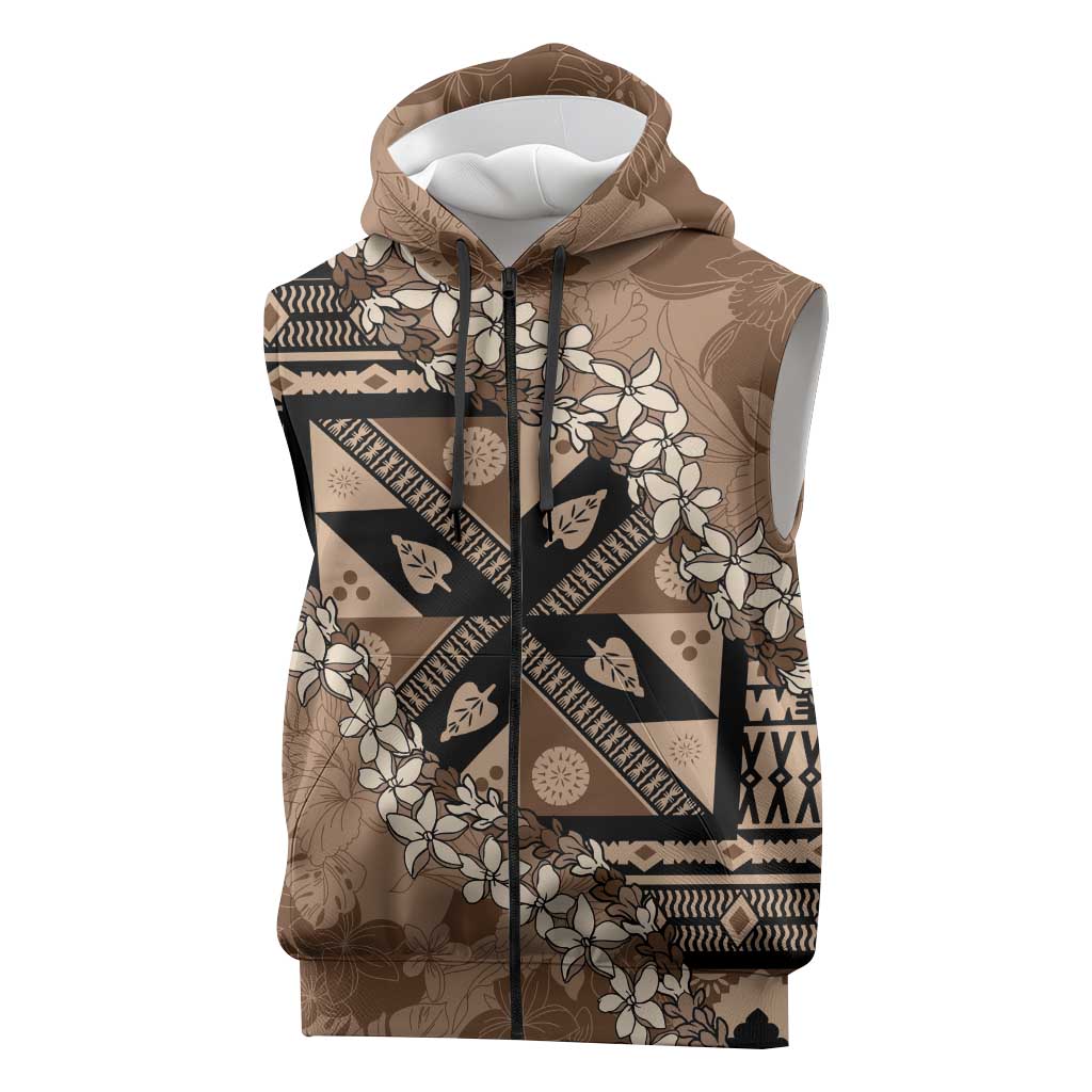 Bula Fiji Plumeria Tagimoucia Salusalu Mocha Sleeveless Zip Hoodie Kaiviti Masi LT7 Mocha - Polynesian Pride