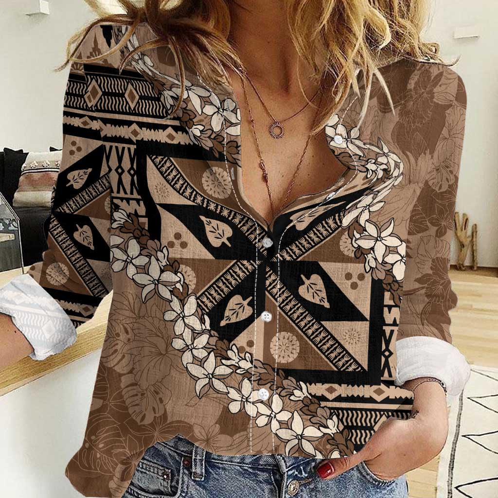 Bula Fiji Plumeria Tagimoucia Salusalu Mocha Women Casual Shirt Kaiviti Masi LT7 Female Mocha - Polynesian Pride
