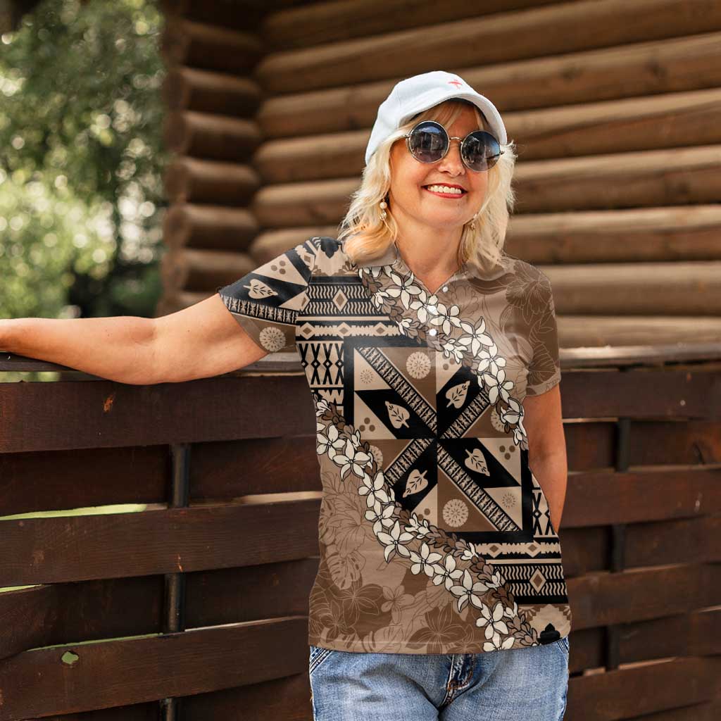 Bula Fiji Plumeria Tagimoucia Salusalu Mocha Women Polo Shirt Kaiviti Masi LT7 - Polynesian Pride