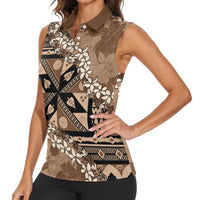 Bula Fiji Plumeria Tagimoucia Salusalu Mocha Women Sleeveless Polo Shirt Kaiviti Masi LT7 - Polynesian Pride