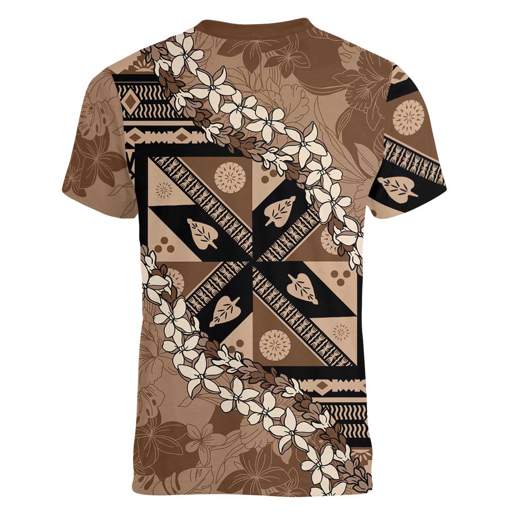 Bula Fiji Plumeria Tagimoucia Salusalu Mocha Women V-Neck T-Shirt Kaiviti Masi LT7 - Polynesian Pride