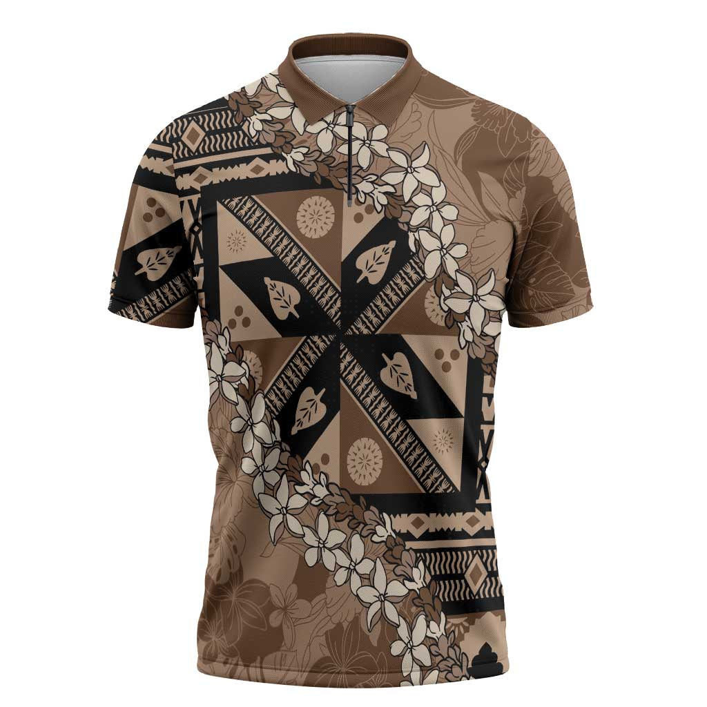 Bula Fiji Plumeria Tagimoucia Salusalu Mocha Zipper Polo Shirt Kaiviti Masi LT7 Mocha - Polynesian Pride