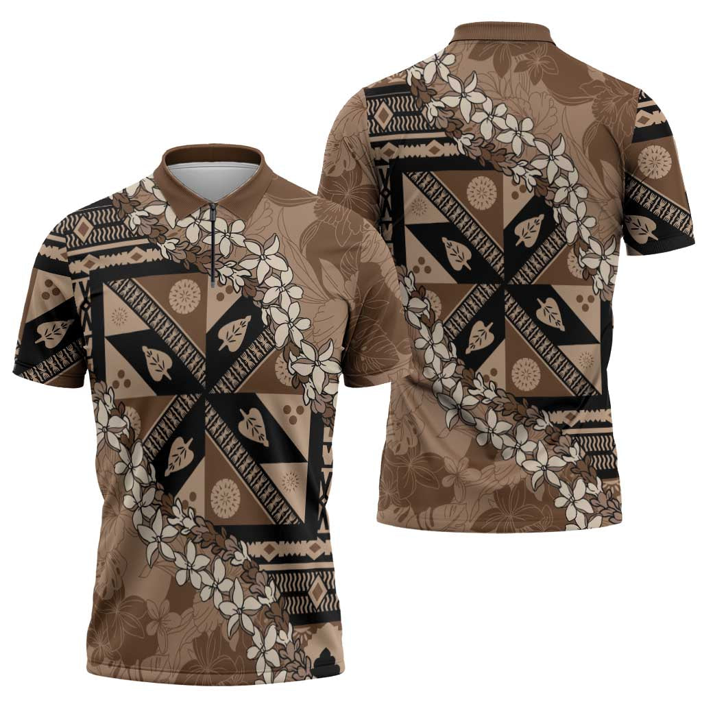 Bula Fiji Plumeria Tagimoucia Salusalu Mocha Zipper Polo Shirt Kaiviti Masi LT7 - Polynesian Pride