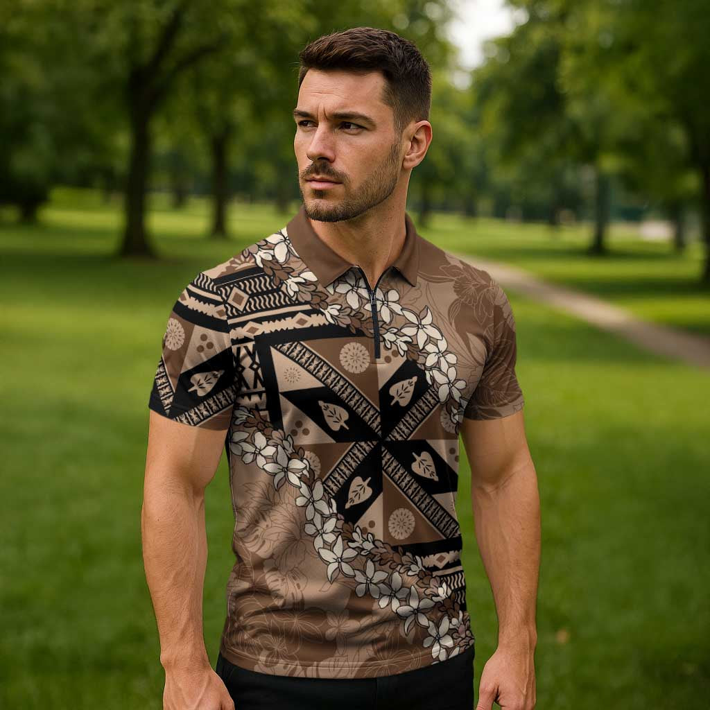 Bula Fiji Plumeria Tagimoucia Salusalu Mocha Zipper Polo Shirt Kaiviti Masi LT7 - Polynesian Pride