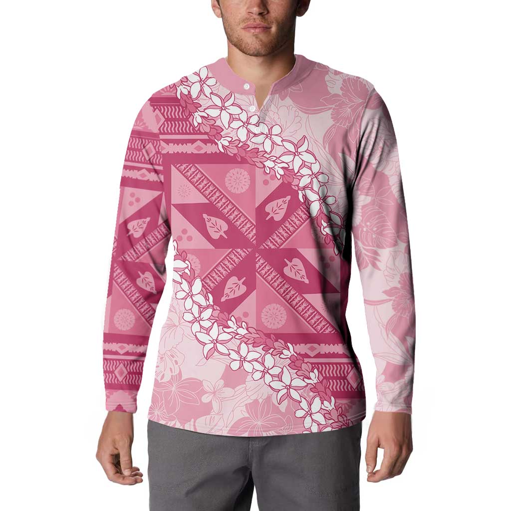 Bula Fiji Plumeria Tagimoucia Salusalu Pink Button Sweatshirt Kaiviti Masi - Polynesian Pride