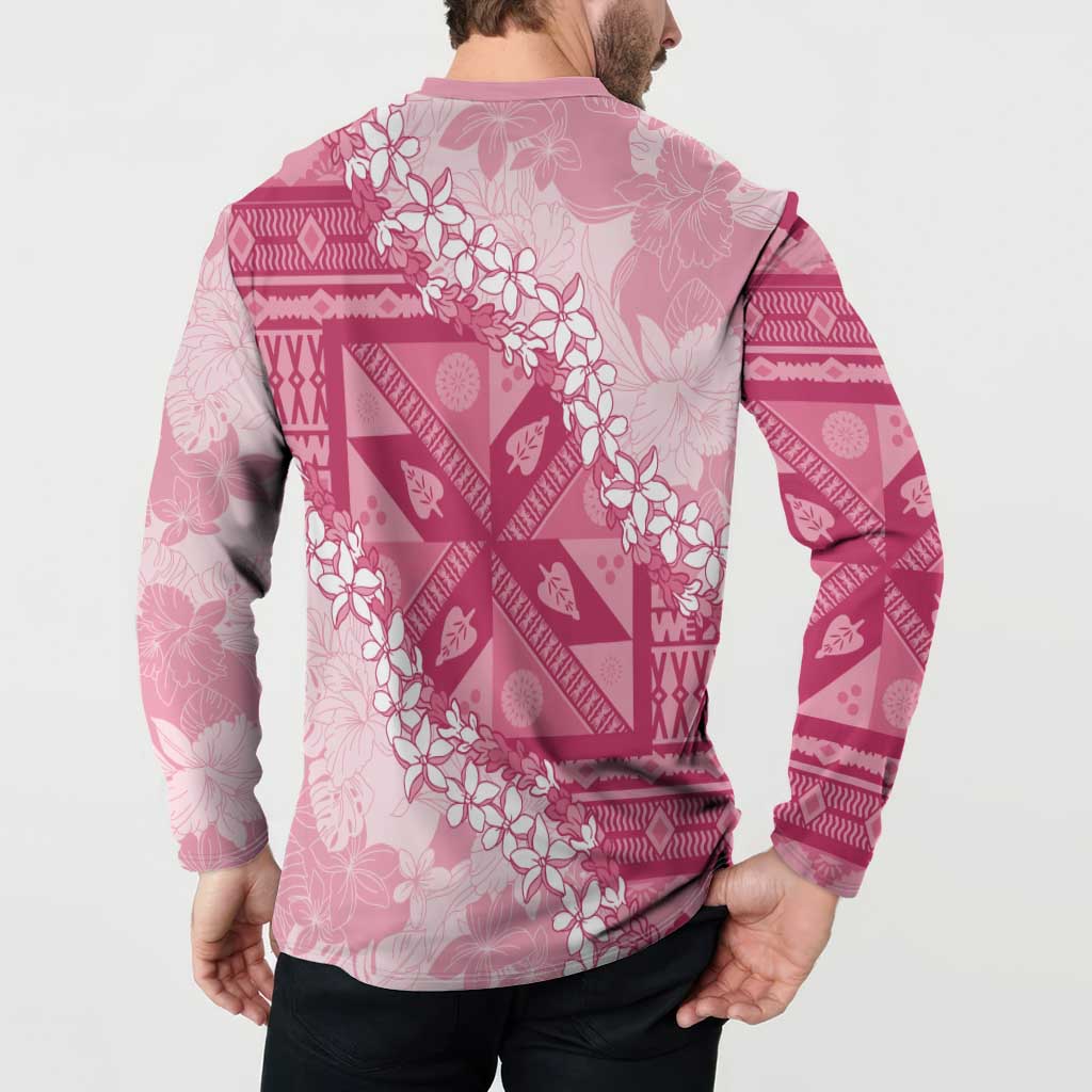 Bula Fiji Plumeria Tagimoucia Salusalu Pink Button Sweatshirt Kaiviti Masi - Polynesian Pride