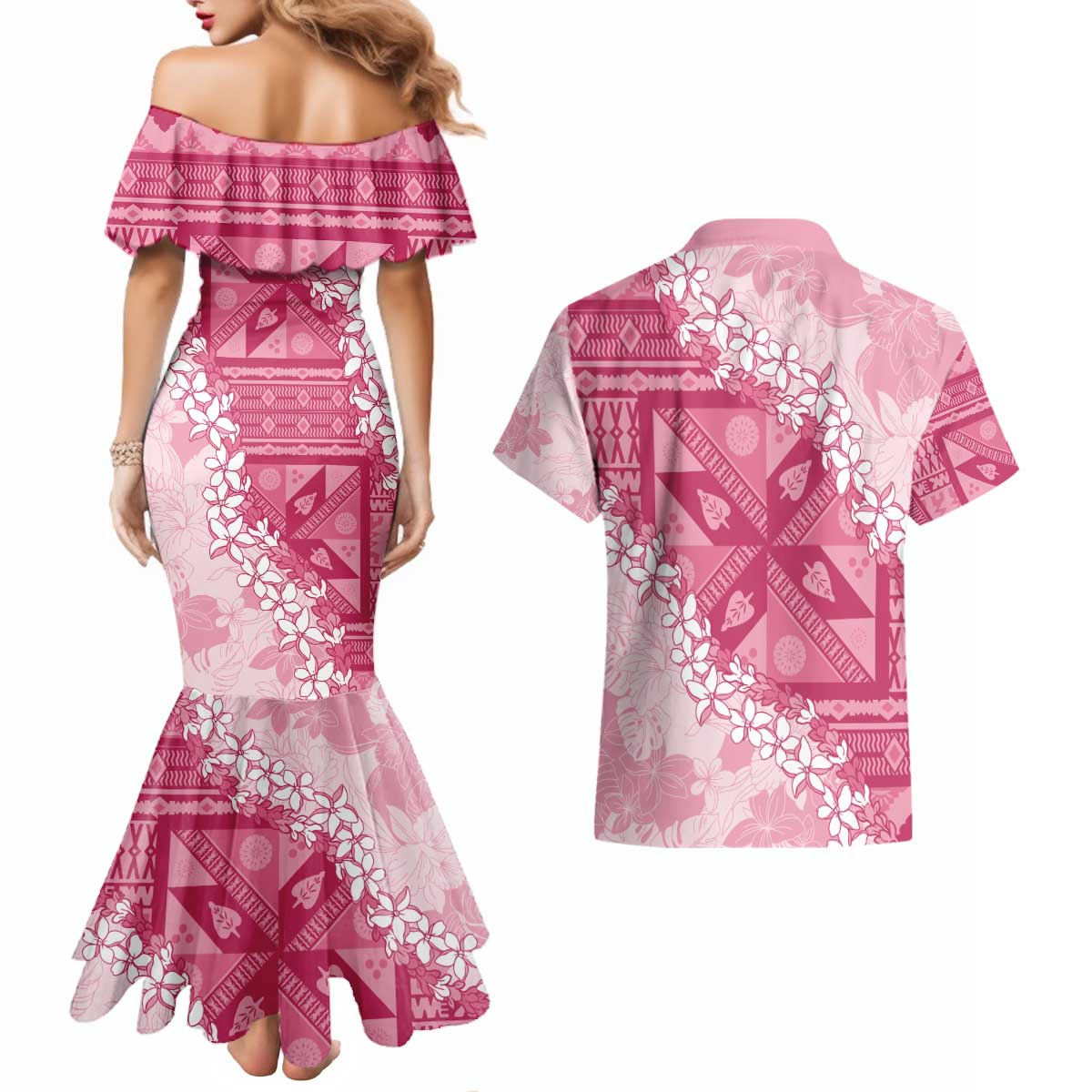 Bula Fiji Plumeria Tagimoucia Salusalu Pink Couples Matching Mermaid Dress and Hawaiian Shirt Kaiviti Masi LT7 - Polynesian Pride