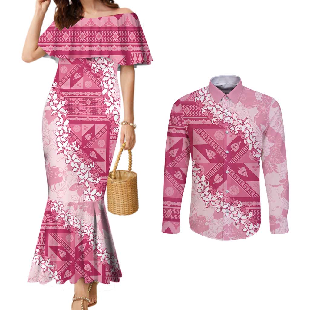 Bula Fiji Plumeria Tagimoucia Salusalu Pink Couples Matching Mermaid Dress and Long Sleeve Button Shirt Kaiviti Masi LT7 Pink - Polynesian Pride