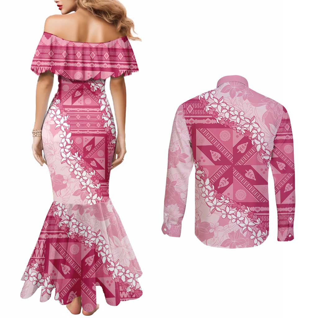 Bula Fiji Plumeria Tagimoucia Salusalu Pink Couples Matching Mermaid Dress and Long Sleeve Button Shirt Kaiviti Masi LT7 - Polynesian Pride