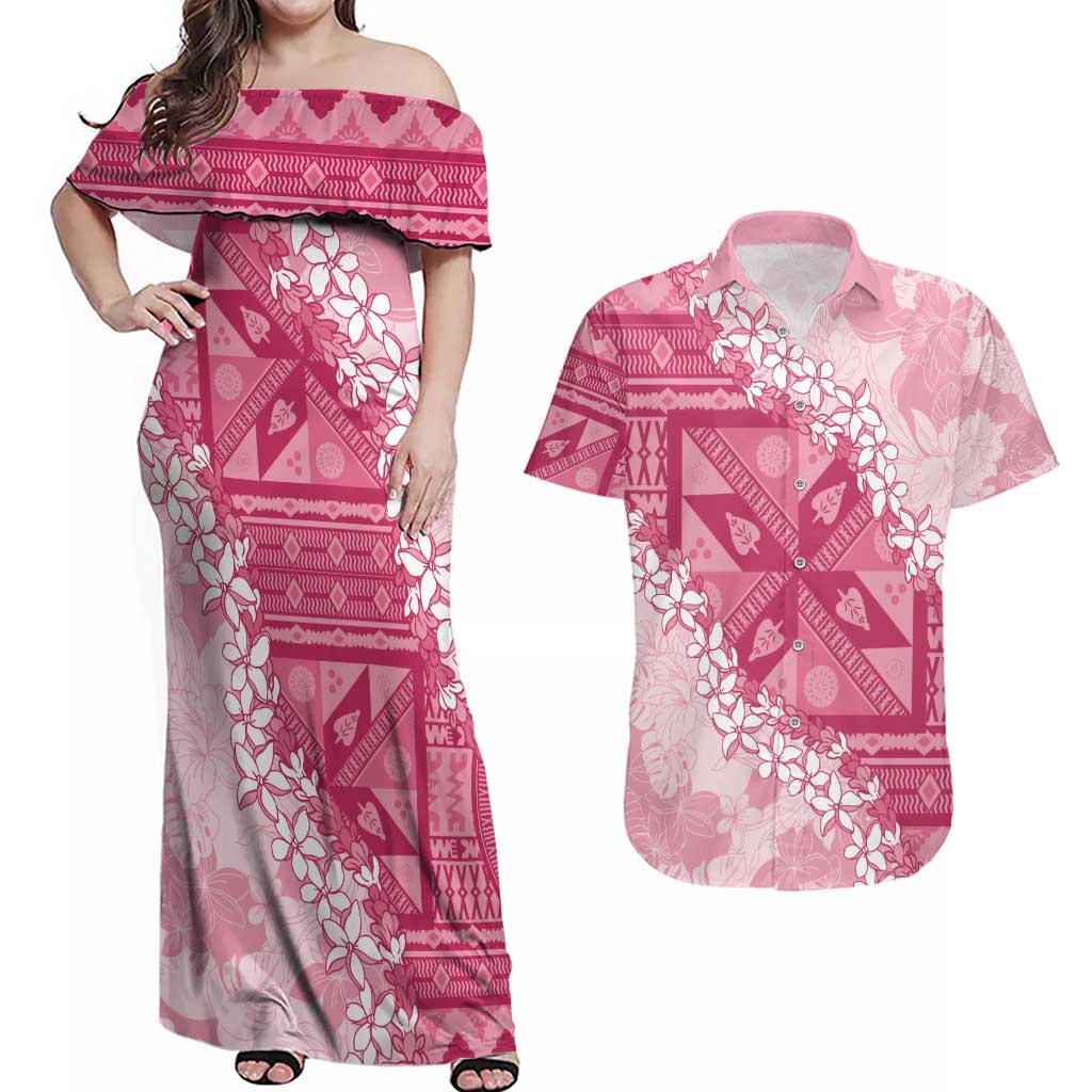 Bula Fiji Plumeria Tagimoucia Salusalu Pink Couples Matching Off Shoulder Maxi Dress and Hawaiian Shirt Kaiviti Masi LT7 Pink - Polynesian Pride