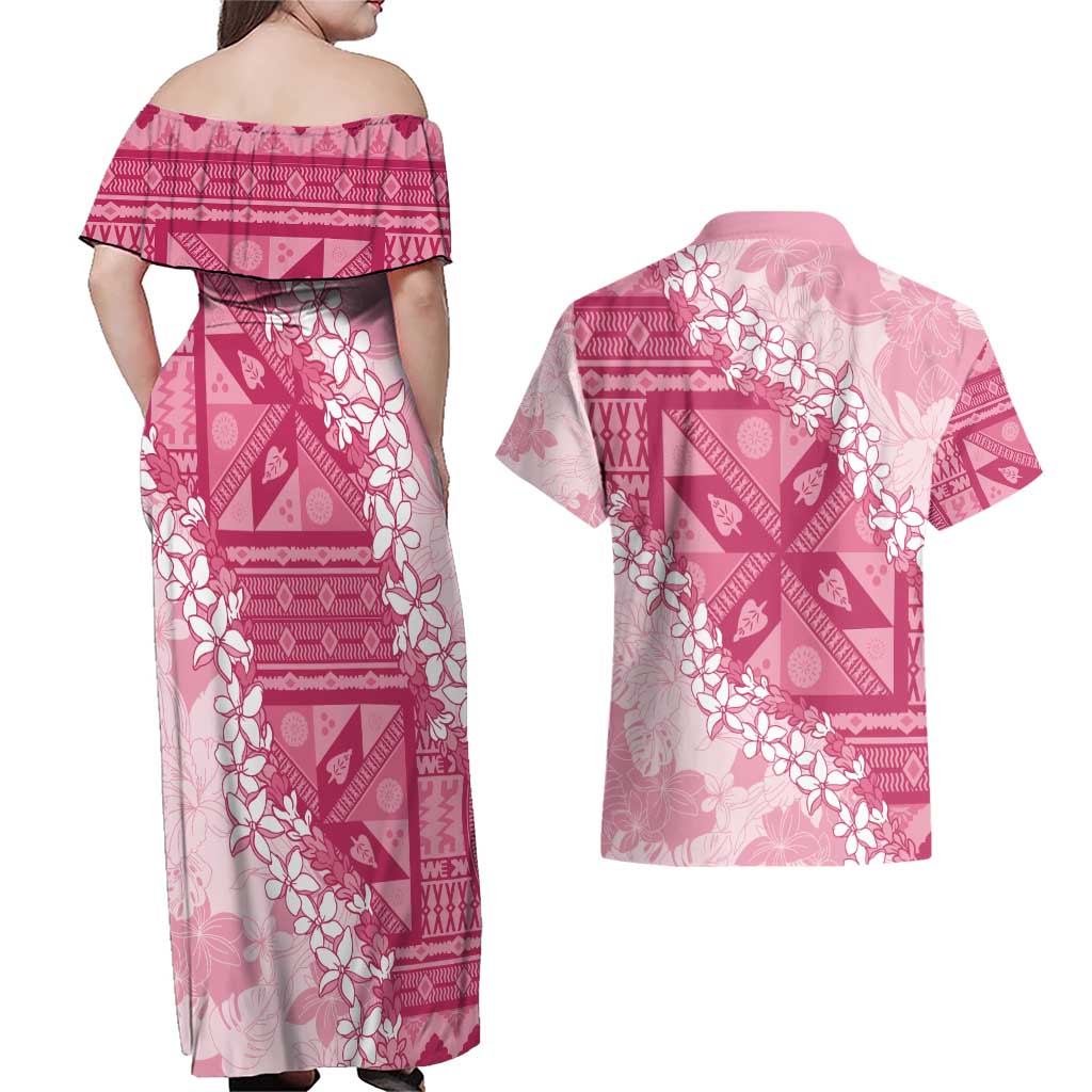 Bula Fiji Plumeria Tagimoucia Salusalu Pink Couples Matching Off Shoulder Maxi Dress and Hawaiian Shirt Kaiviti Masi LT7 - Polynesian Pride