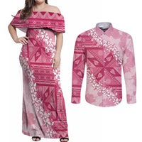 Bula Fiji Plumeria Tagimoucia Salusalu Pink Couples Matching Off Shoulder Maxi Dress and Long Sleeve Button Shirt Kaiviti Masi LT7 Pink - Polynesian Pride